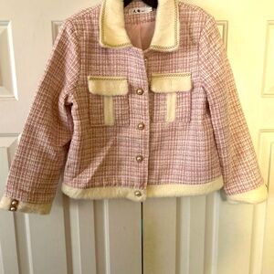 Pink Tweed Blazer with Faux Fur Trim